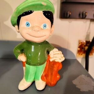 Vintage 1970's SMILEY BOY Ceramic GOLF / CADDIE Statue by Atlantic Mold Company